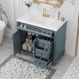 English Elm 36" Modern Bathroom Vanity with Ceramic Sink, Gold Handles, Flip-Out Drawer & Soft-Close Doors Blue Gray N725P283623C