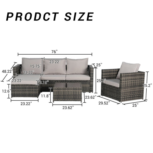 English Elm 3 Piece Outdoor Pe Rattan L-shaped Sectional Set with Ottoman and Tempered Glass Table Light Gray W874S00050