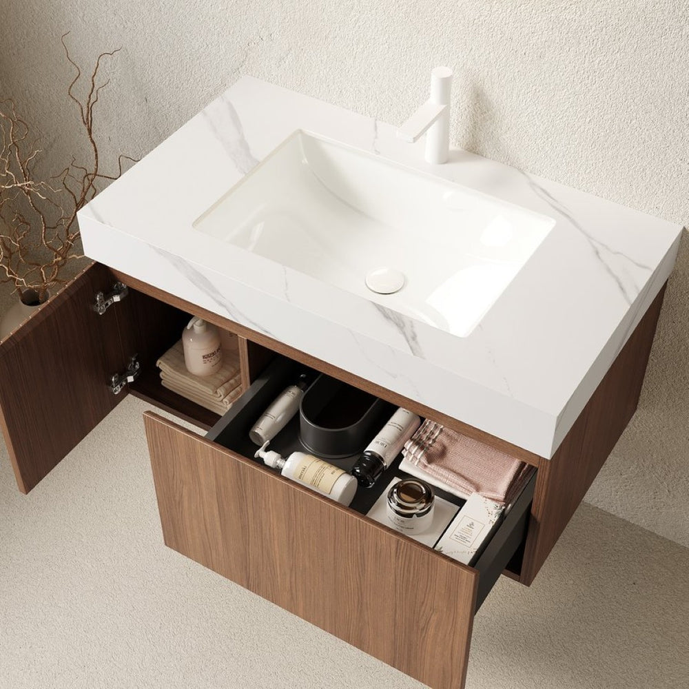 English Elm Muri Floating Bathroom Vanity Sintered Stone Top Oak Plywood Cabinet Soft Close W2615S00620