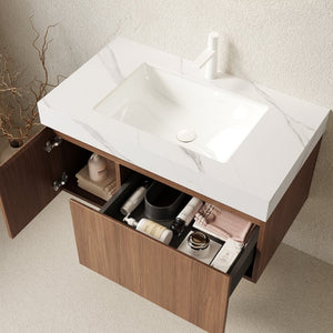 English Elm Muri Floating Bathroom Vanity Sintered Stone Top Oak Plywood Cabinet Soft Close W2615S00620