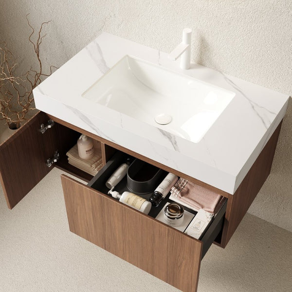 English Elm Muri Floating Bathroom Vanity Sintered Stone Top Oak Plywood Cabinet Soft Close W2615S00620