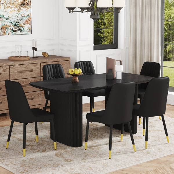 English Elm Table 7-Piece Set: Modern Black Wood-Grain Dining Table & 6 Ergonomic Pu Chairs For Luxe Comfort W1151S04166-GIGA