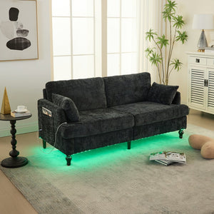 English Elm Modern chenille 2-seater sofa with LED lighting, USB charging, storage pocket, sturdy wood legs Black W395P318548