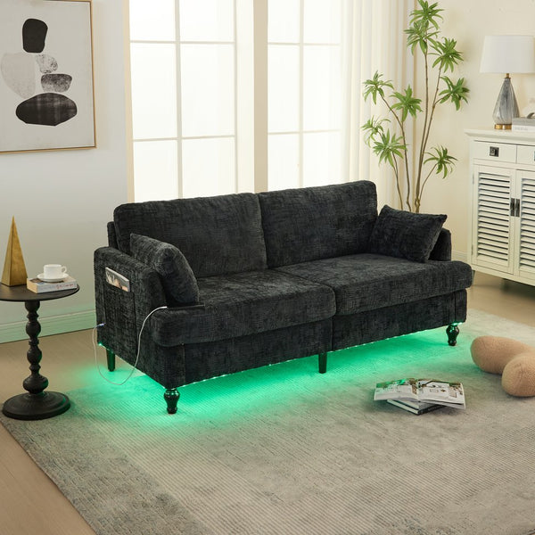 English Elm Modern chenille 2-seater sofa with LED lighting, USB charging, storage pocket, sturdy wood legs Black W395P318548