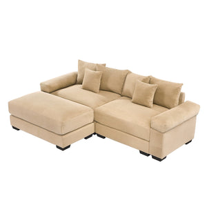 English Elm 92" Oversized Modular L-Shape Sectional Couch In Soft Camel Corduroy With Ottoman & 6 Pillows W714S01306