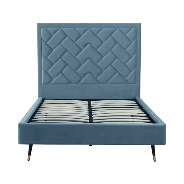 English Elm Crosby Upholstered Velvet Full Bed with Chevron-Stitched Headboard, Solid Slats, No Box Spring Needed Blue B365S00029