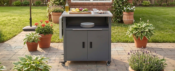 English Elm Outdoor Bbq Prep Cart Rolling Stainless Steel Grill Station with Foldable Work Surface Gray N719P407404E