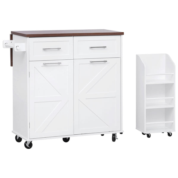 English Elm K&K 47.2" Farmhouse Kitchen Island with Drop Leaf, Removable Side Shelf, Trash Cabinet, Wheels White N707P307296W