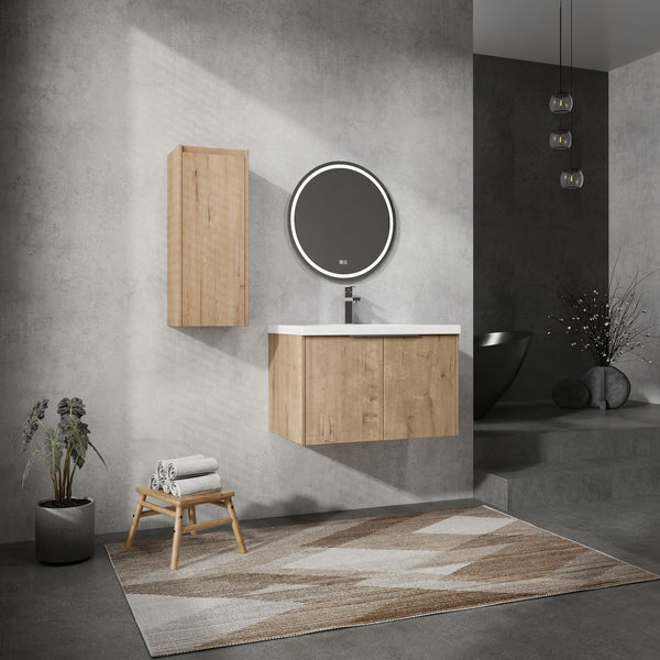 English Elm 30" Wall-Mounted Bathroom Vanity With Resin Sink & Side Cabinet For Modern Space-Saving Style W999S00219