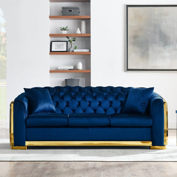 English Elm 2 Piece Chesterfield Velvet Sofa Set with Gold Steel Trim Tufted Living Room Suite Navy Blue W1191S00120