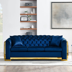 English Elm 84" Velvet Tufted Chesterfield Sofa Mid Century Three Seat Gold Trim Living Room Navy Blue W1191S00114