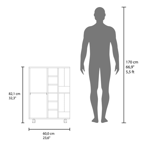 English Elm Bar Cart Navy Blue with Natural Oak Accents, Locking Casters, Six Wine Cubbies, Enclosed Cabinet, Spacious Shelving - Stylish Mobile Bar for Home Entertaining B200P378367