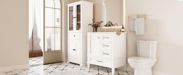 English Elm 67.57" Tall Matte Cabinet Vanity Combo with Glass Doors Soft-close Drawers Sink White N729P000033K