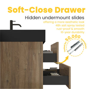 English Elm 24' Mid-Century Wall-Mounted Vanity with Engineered Quartz Basin, Hidden Handle, Extra Storage, Soft-Close Drawers Oak W1865S00164
