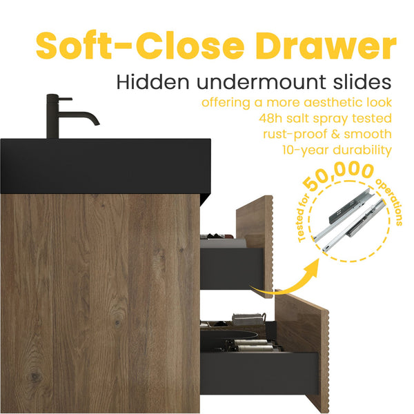 English Elm 24' Mid-Century Wall-Mounted Vanity with Engineered Quartz Basin, Hidden Handle, Extra Storage, Soft-Close Drawers Oak W1865S00164