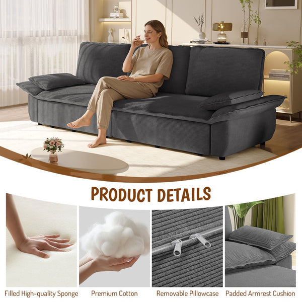 English Elm 94.5" King Convertible Sleeper Sofa Corduroy Upholstered Chaise Lounge Guest Room Bed Grey W1885S00308