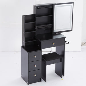 English Elm 29.2" Compact Vanity Table Set With Led Mirror, Power Station, Cushioned Stool, Hair Dryer Bracket W936P226040