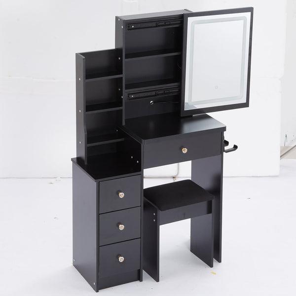 English Elm 29.2" Compact Vanity Table Set With Led Mirror, Power Station, Cushioned Stool, Hair Dryer Bracket W936P226040