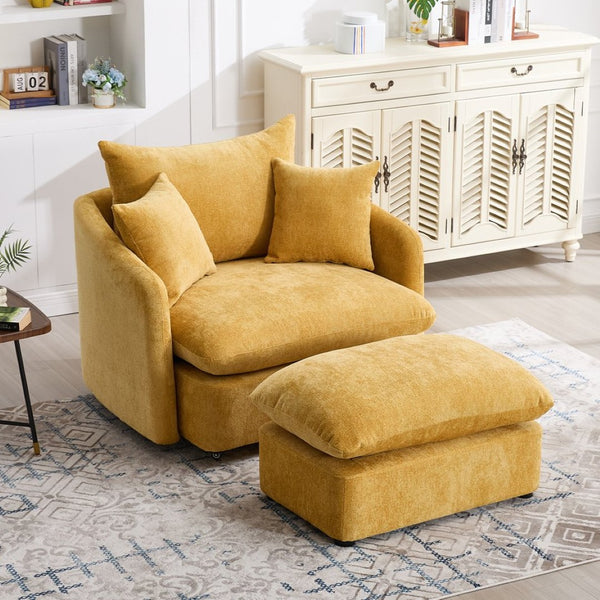 English Elm 360° 360 Swivel Oversized Chenille Armchair with Pocket Spring Seat and Three Throw Pillows Yellow W1361S00091