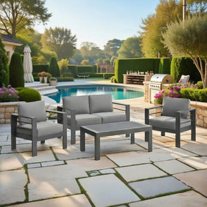 English Elm All-weather 4 Piece Outdoor Conversation Set Iron Frame Olefin Cushions Patio Seating Gray B082S00106
