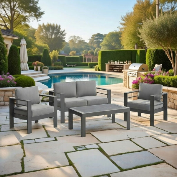 English Elm All-weather 4 Piece Outdoor Conversation Set Iron Frame Olefin Cushions Patio Seating Gray B082S00106
