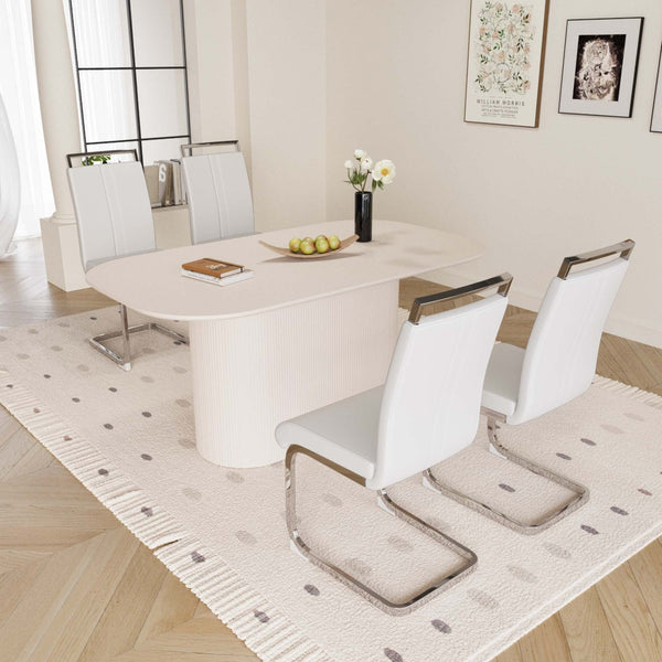English Elm 63 Inch Cream Mdf Dining Table Set with Pu Chairs Silver Metal Legs Modern 5 Piece W2189S00889