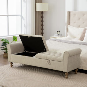 English Elm 65.75" Wide Upholstered Storage Bench Napped Fabric Rolled Arms Rubberwood Legs Greige W3098P397302