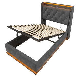 English Elm Twin Upholstered Bed with Hydraulic Storage, Surround LED, App/Remote Control & USB Type-C Charging Gray N736P188805G