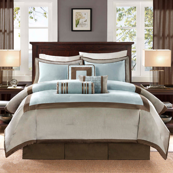 JLA Home Madison Park - 7 Madison Park Comforter Set with Light Blue Center, Taupe & Chocolate Borders for Hotel-Style Bedroom Elegance, Easy-Care Polyester Finish 90 L x 90 W x 1.5H MP10-280