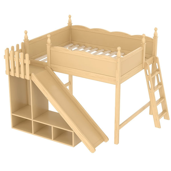 English Elm Twin Loft Bed Solid Pine Frame with Wardrobe Shelving Detachable Slide Kids Room Natural W5305S00022