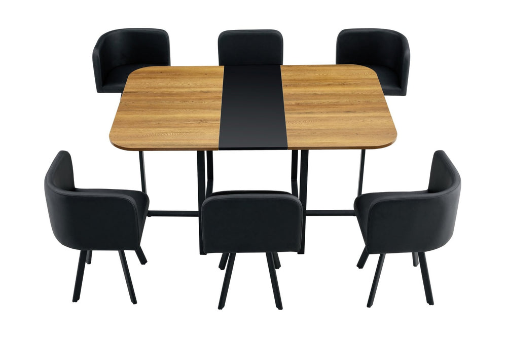 English Elm 7-piece Modern Dining Set Suede Upholstered Chairs Wood Grain Melamine Table Black,Wood W3875S00108