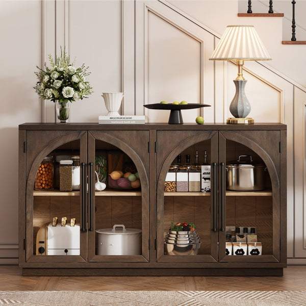 English Elm Trexm Arched Glass Door Buffet Sideboard Oak Veneer Storage Cabinet for Dining Room Espresso XW000021AAP-2026