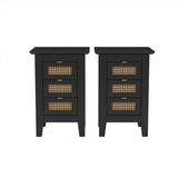 English Elm Wooden Nightstands Set Of 2 With Rattan-Woven Surfaces and Three Drawers, Exquisite Elegance With Natural Storage Solutions For Bedroom, Black