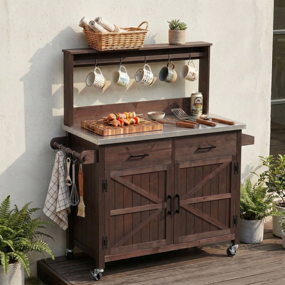 English Elm K&k Solid Fir Grill Cart Stainless Steel Top Outdoor Kitchen Station with Locking Wheels Brown N707P409087Z