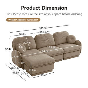English Elm 105" Chenille Sectional Sofa with Movable Ottoman Deep Seat Quilted Cushions Living Room Light Coffee W714S01760