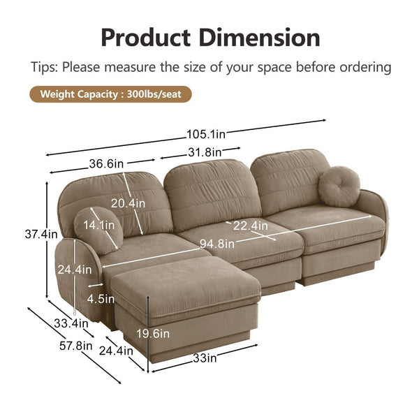 English Elm 105" Chenille Sectional Sofa with Movable Ottoman Deep Seat Quilted Cushions Living Room Light Coffee W714S01760