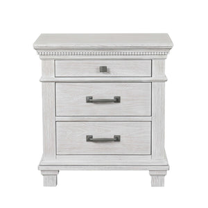 English Elm Transitional 3 Drawer Nightstand Dentil Molding Dovetail Elm Veneer Weathered Gray B2741P435891