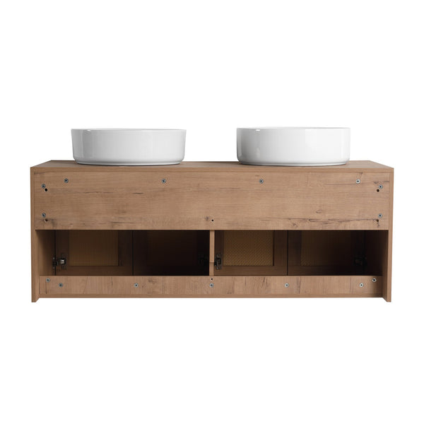 English Elm 48" Imitative Oak Wall Mounted Bathroom Vanity with Ceramic Art Sink, Plywood, 4 Soft-Close Doors, Modern Float Design W999S00399