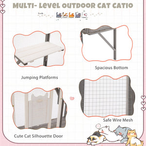 English Elm Outdoor Fir Wood Window Catio Enclosure with Four Climbing Platforms for Cats Grey,White N719P418371K