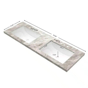 English Elm 60'' Double Undermount Ceramic Sink Sintered Stone Countertop Spa Bathroom Gray Veined W2615P357565