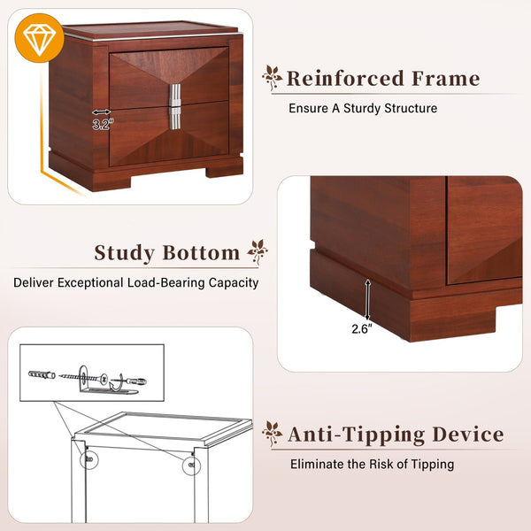 English Elm Mid-century Modern Nightstand with Diamond Geometric Drawers and Heavy Duty Wood Base Dark Brown N761P324094N
