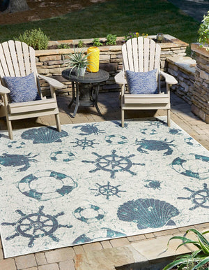 Unique Loom Outdoor Coastal Marmaris Machine Made Solid Print Rug Ivory, Navy Blue/Green 7' 10" x 7' 10"