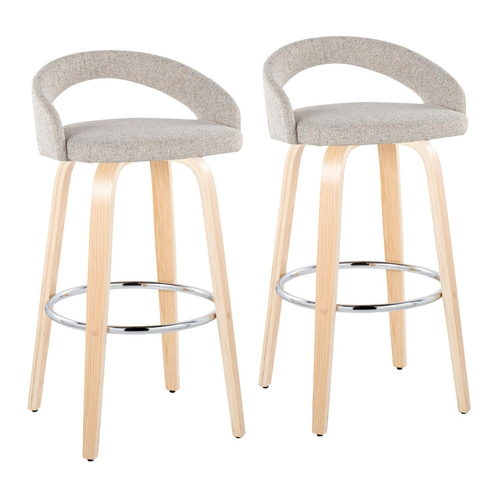 English Elm Fixed-height Swivel Barstools with Bentwood Frame Oat Upholstery and Chrome Footrest Set B202S01855