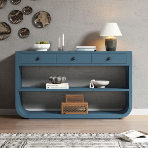 English Elm [video] Sculptural Console Table Pine Wood Curved Legs Soft-close Drawers Open Shelving Entryway Blue N759P433560C