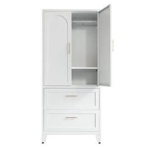English Elm 71" Tall Metal Wardrobe Cabinet with 2 Drawers, Adjustable Shelf & Hanging Rod — Space-Saving White Closet Organizer W3387P351602