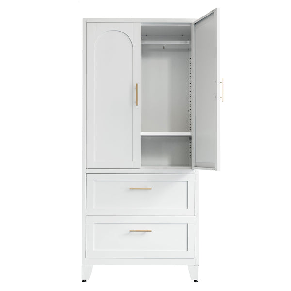English Elm 71" Tall Metal Wardrobe Cabinet with 2 Drawers, Adjustable Shelf & Hanging Rod — Space-Saving White Closet Organizer W3387P351602