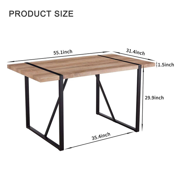 English Elm Rustic 55" Industrial Rectangular Dining Table for 4-6, 1.5" Engineered Wood Top, Black Metal Legs W1512P409971