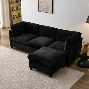 English Elm 96.5" L-shaped Chenille Sectional with Storage Ottoman Eucalyptus Frame Living Room Black W1097S00282