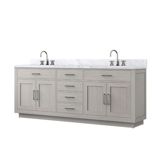 English Elm White Oak Double Bath Vanity 84" W X 22" D, Elegant Carrara Marble Top & Chrome Faucet Set Included B2731P257882-GIGA