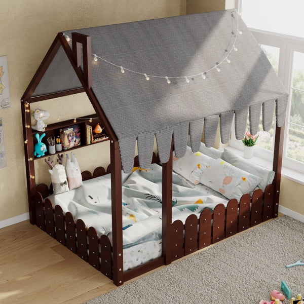 English Elm {slats Are Not Included} Twin Montessori House Floor Bed Kids Tent Lights Shelves Pinewood Frame Espresso N708P407963P